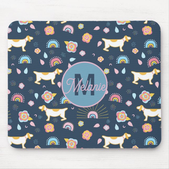 Tapis De Souris Quirky mignon Chien Rainbow Motif bleu Personnalis (Devant)