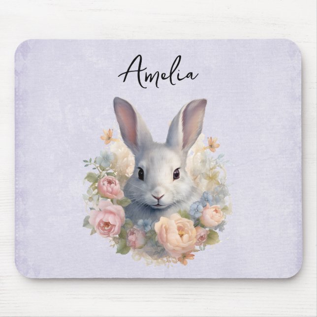 Tapis De Souris Rabbit Surrounded by Pastel Flowers Cute (Devant)