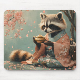 Tapis De Souris Raccoon Bouddha : Thé Paisible Sous Cherry Tree