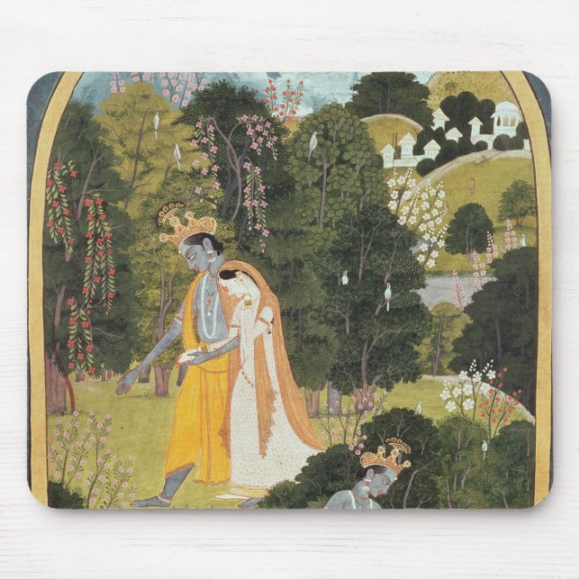 Tapis De Souris Radha et Krishna marchant dans un verger (Devant)