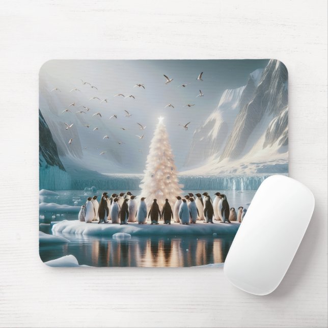 Tapis De Souris Rassemblement de pingouins de Noël autour d'un arb (Avec souris)