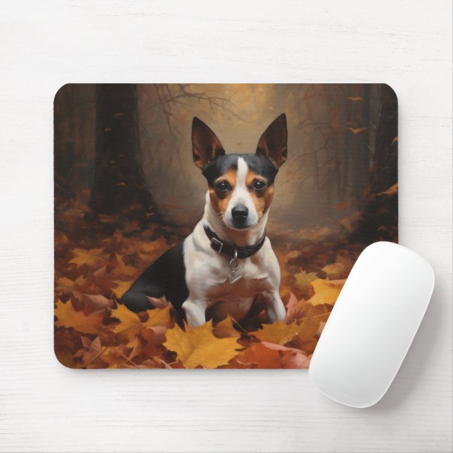 Tapis De Souris Rat Terrier dans les feuilles d'automne qui tomben (Avec souris)