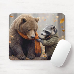 Tapis De Souris Raton laveur et ours dans la forêt d'automne
