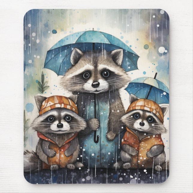 Tapis De Souris Raton laveurs mignons sous la pluie (Devant)