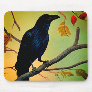 Tapis De Souris Raven De Plaisir Entouré Sur Branche