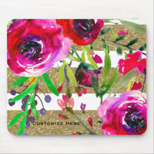 Tapis De Souris Rayures blanches dorées Floral Botanique Glamour A