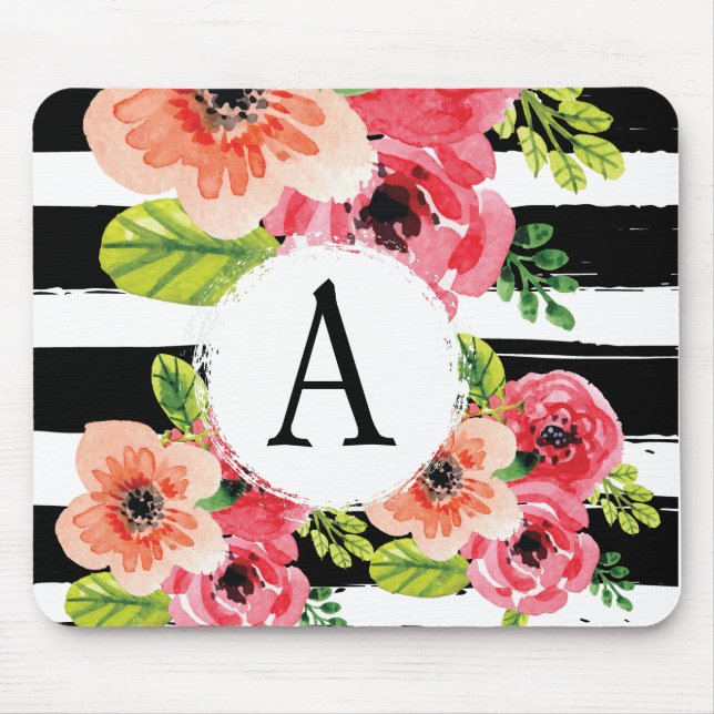 Tapis De Souris Rayures blanches florales et noires d'aquarelle de (Devant)