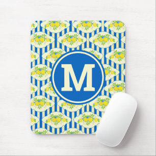 Tapis De Souris Rayures bleues et motif de citrons et de feuilles 