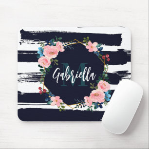 Tapis De Souris Rayures Et Monogramme De Cadre Floral