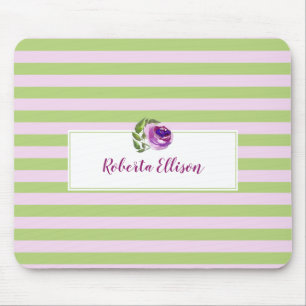 Tapis De Souris Rayures horizontales lilas vertes florales chics