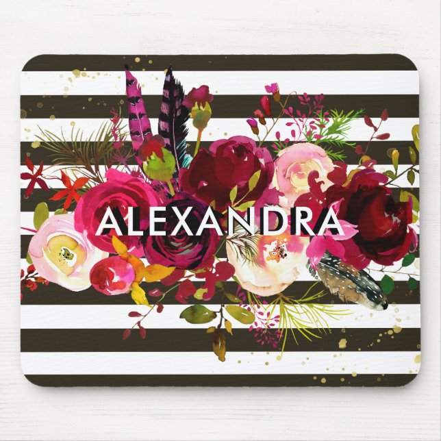 Tapis De Souris Rayures | noires et blanches florales de Boho (Devant)