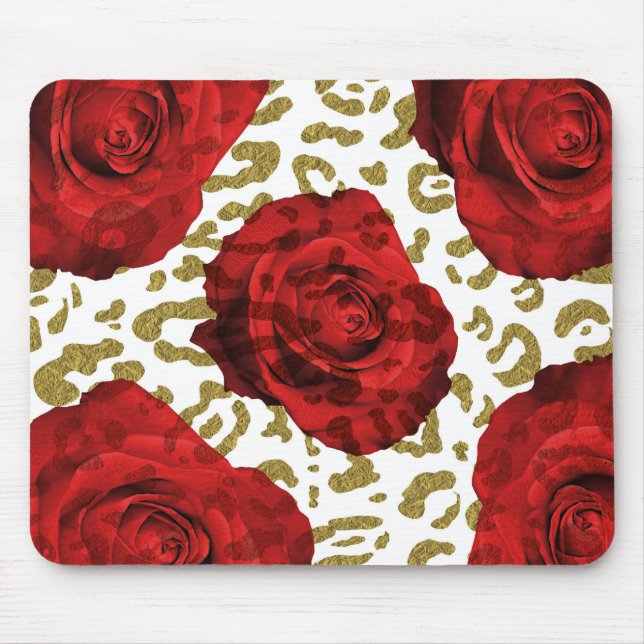 Tapis De Souris Red Roses Gold Cheetah Leopard Glam Poster de anim (Devant)