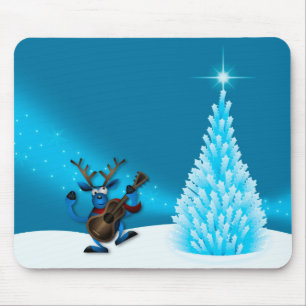 Tapis De Souris Reindeer Dancing Guitare Joyeux Arbre de Noël Bleu