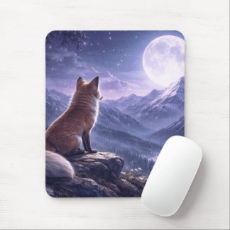 Tapis De Souris Renard Mystique & Géante Lune Sommets de Montagnes