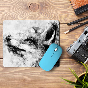 Tapis De Souris Renard roux noir et blanc aquarelle 01