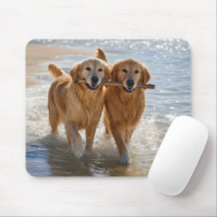Tapis De Souris Retrievers dorés portant un bâton