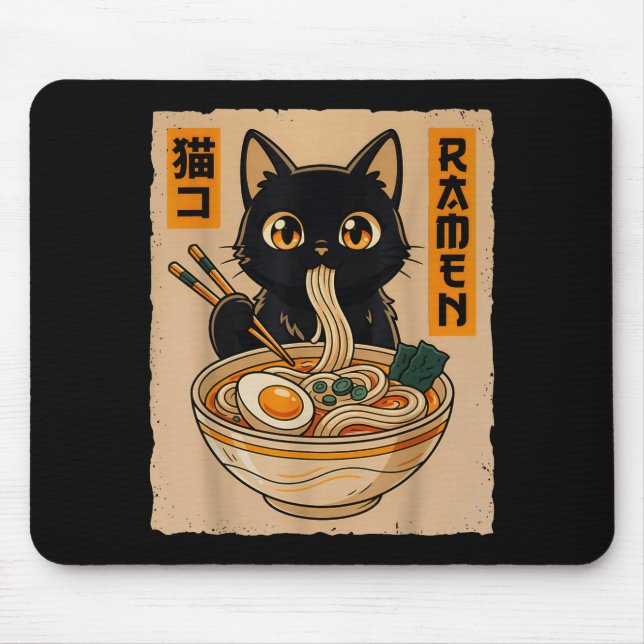 Tapis De Souris Retro Anime Kawaii Black Cat Eating Ramen Noodles  (Devant)