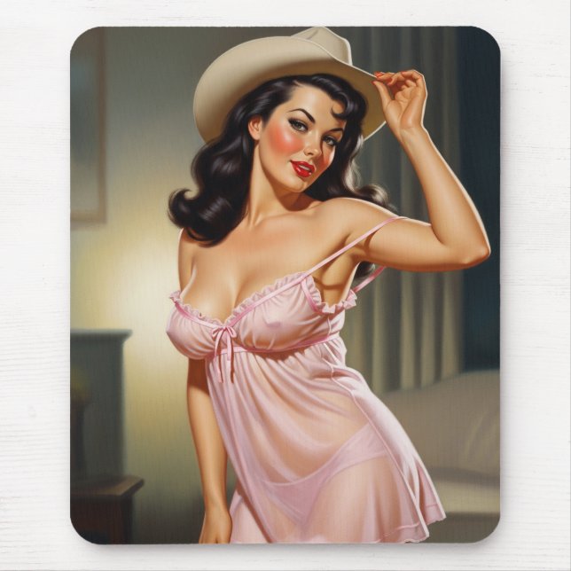 Tapis De Souris Retro Girl avec Casquette Cowboy (Devant)