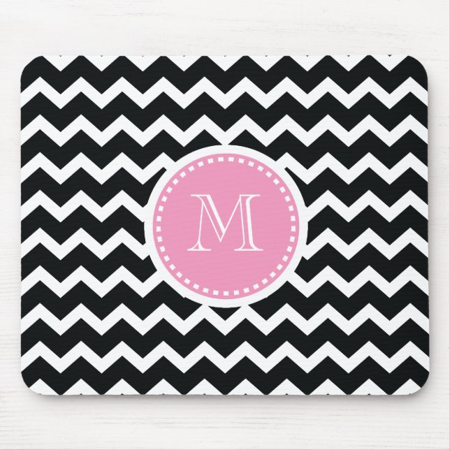 Tapis De Souris Rétro monogramme rose et noir élégant de Chevron (Devant)