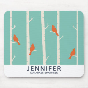 Tapis De Souris Rétro Orange Birds on Birch Trees