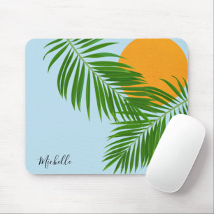 Tapis De Souris Retro Tropical Sun Palm Feuille Blue Minimal Nom