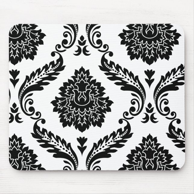 Tapis De Souris Rococo Damask Off-Set Pattern Black on White (Devant)
