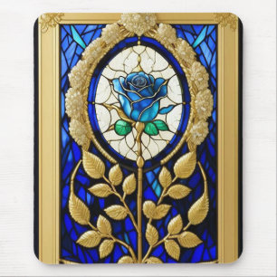 Tapis De Souris 💙 Rose Bleue Lumineuse en Verre Cathédrale Élégan