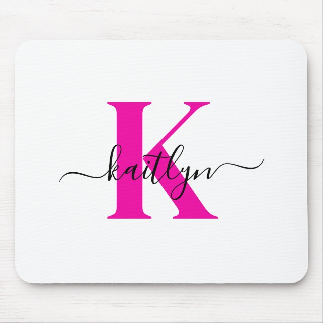 Tapis De Souris Rose Chaud Noir Nom Initial Monogrammé (Devant)