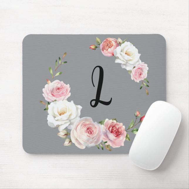 Tapis De Souris Rose Chic Roses Blanches Script initial Gris (Avec souris)