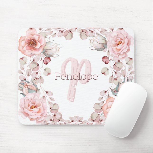 Tapis De Souris Rose d'aquarelle Wreath personnalisée | BLANCHE (Avec souris)