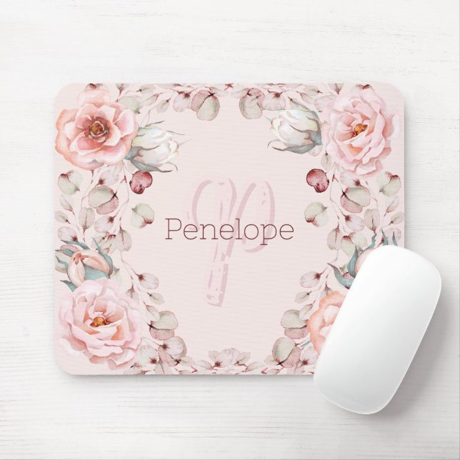 Tapis De Souris Rose d'aquarelle Wreath personnalisée | Rose (Avec souris)