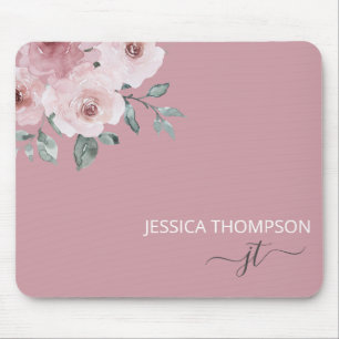 Tapis De Souris Rose Dusty Floral Modern Nom du monogramme 