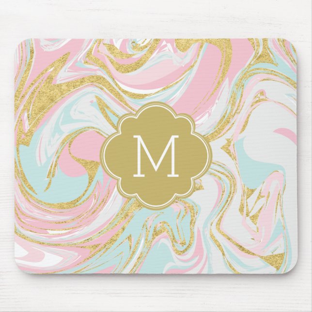 Tapis De Souris Rose et marbre d'encre de Suminagashi d'or (Devant)