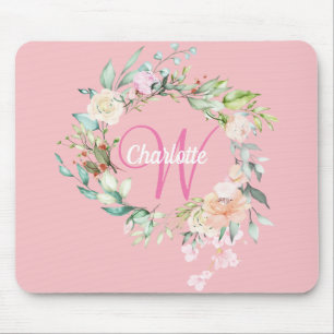Tapis De Souris Rose florale monogramme initiale jolie rose rose