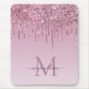 Tapis De Souris  Rose Glitter Drips Personalized Monogram And Name