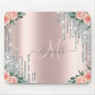 Tapis De Souris Rose Gold Floral Monogramme Gouttes de Paillettes 