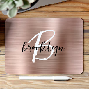 Tapis De Souris Rose Gold Métal Brossé Monogramme Noir Blanc 