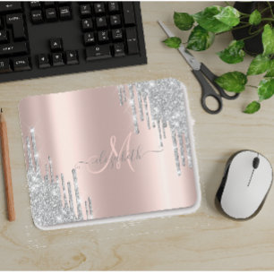 Tapis De Souris Rose Gold Monogramme Gouttes de Paillettes Argenté