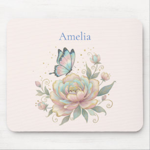 Tapis De Souris Rose Magique et Papillon Couleurs Pastel