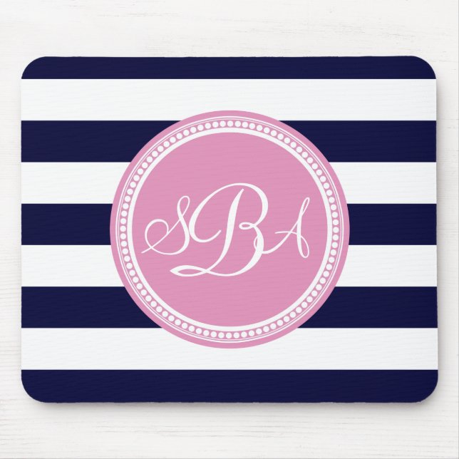 Tapis De Souris Rose Monogramme Marine Bleu Bande Personnalisée (Devant)