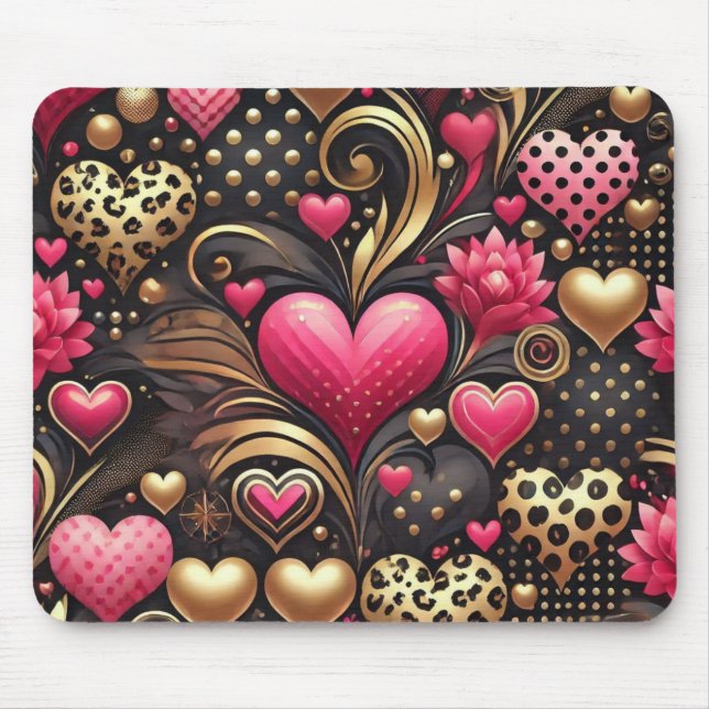 TAPIS DE SOURIS ROSE NOIR OR VALENTINE AIMER COEURS (Devant)