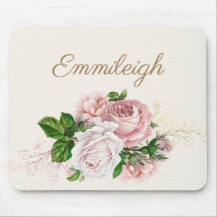 Tapis De Souris Rose Pâle Aquarelle Floral Crème Script