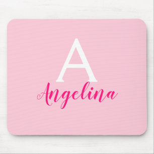 Tapis De Souris Rose Pâle Féminin, Blanc & Rose Chaud Monogramme N