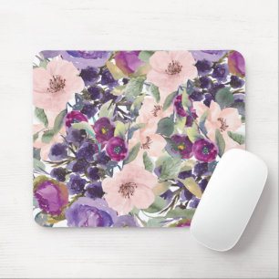 Tapis De Souris Rose poudré floral aquarelle violet feuilles verte