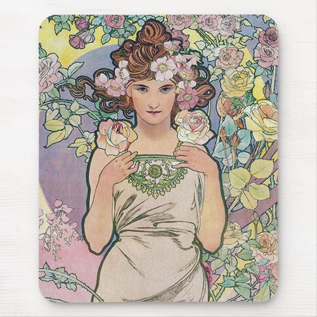 Tapis De Souris Rose (Quatre Fleurs), Alphonse Mucha (Devant)