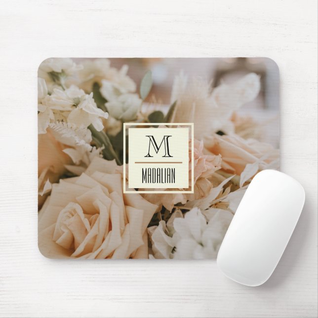 Tapis De Souris Rose romantique, rose pastel l Belle monogrammée (Avec souris)