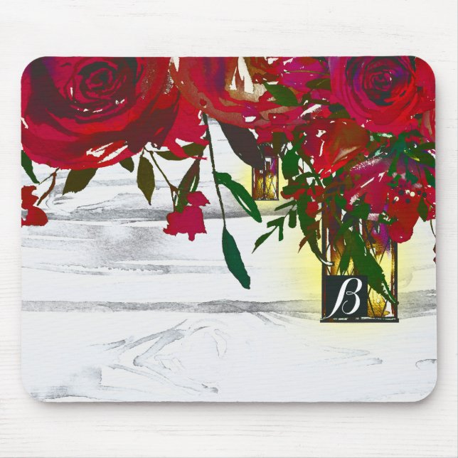 Tapis De Souris Roses aquarelles rouges romantiques et lanterne ru (Devant)