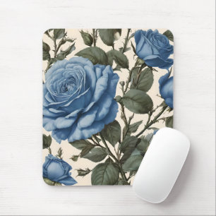 Tapis De Souris Roses Bleus Et Feuilles Verts,