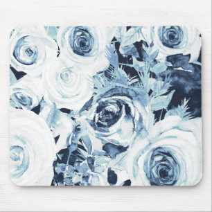Tapis De Souris Roses Florales de l'Hiver Bleu et Blanc Vintage