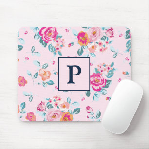 Tapis De Souris Roses Roses Fuschia Floral Sur Monogramme Blush